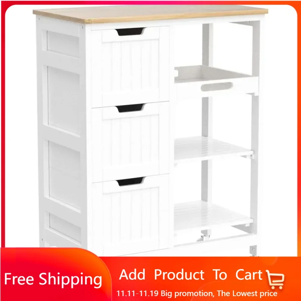 

Kitchen Island Cart on Wheels with Bamboo Countertop, Rolling Serving Utility Trolley Cart with 3 Drawers, 3 Removable