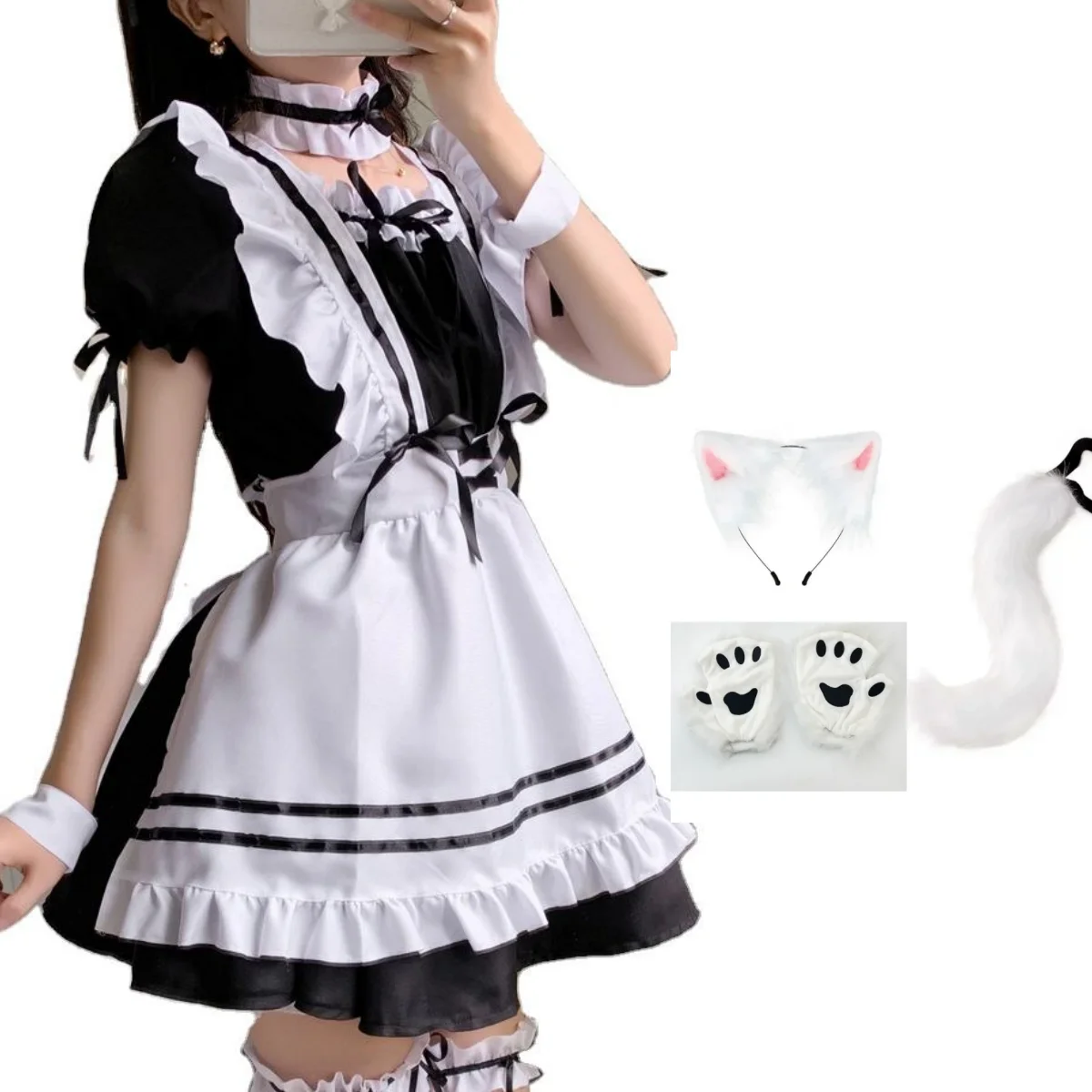 

Пушистые ушки лисы и кошки, повязка на голову и хвост, комплект для косплея в стиле Лолита, черно-белый, для костюма горничной
