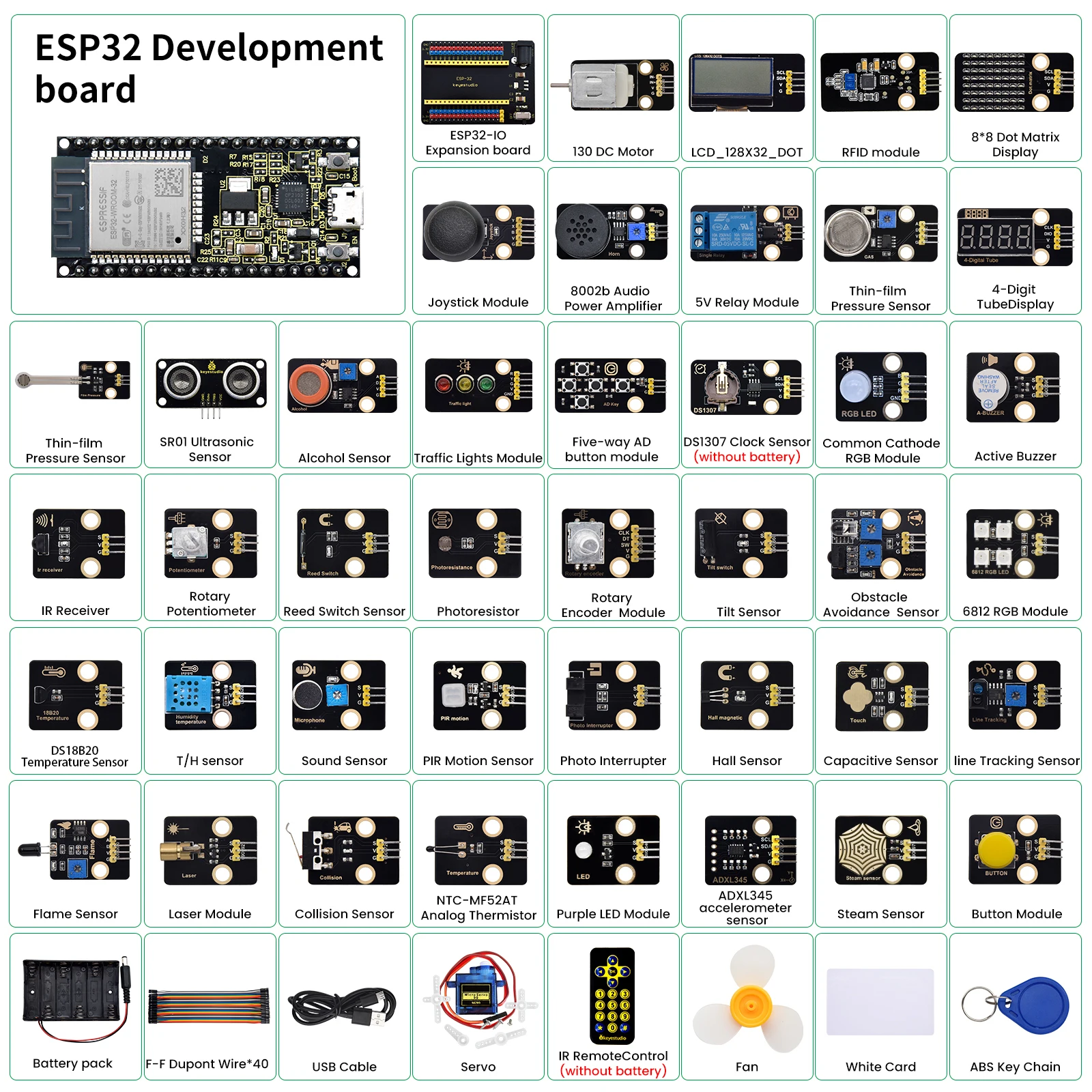 Keyestudio 42-in-1 ESP32-Sensormodul-Kit, DIY-Elektronik-Kit für Erwachsene, unterstützt Arduino C und MicroPythoon (65 Projekte)