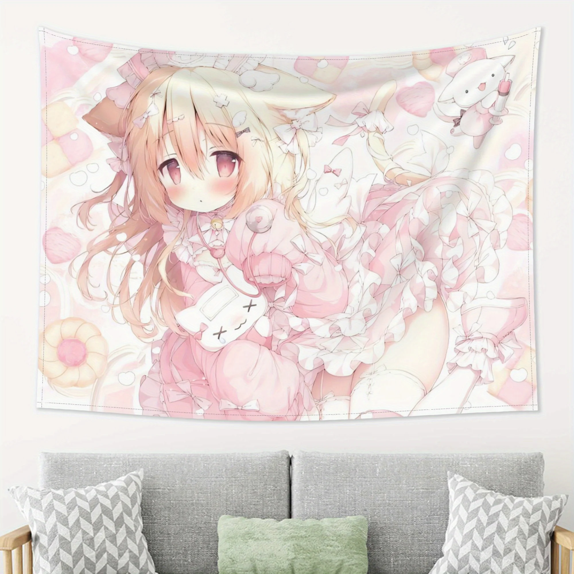 VIKAMA Entzückender Anime-Mädchen-Rosa-Wandteppich im Anime-Stil, Lolita-Dekor für Wohnzimmer, Hintergrund, Raum-Akzent, Heimdekoration