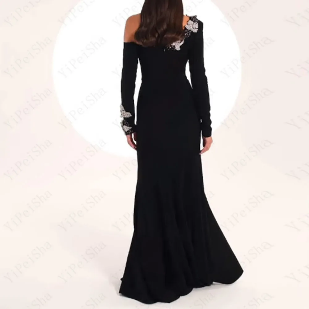Customzied A-Line Prom Dresses Floor-length One-Shoulder Full Sleeve Evening Gown Fashion Flowers Side Split Draped Party Gown