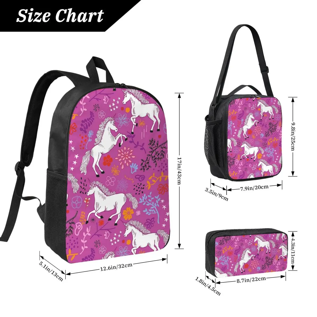 Mystic Magic Unicorns With Flower Backpack Kids BookBag School Bag Laptop Shoulder Bags 3ps Insulated Lunch Bag Pencil Case