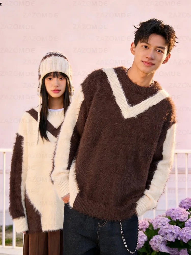 

ZAZOMDE Mens Vintage Y2K Retro Korean Style Winter Clothes Colorblock Loose Sweater Long Sleeve Hip Hop Street Top Men Sweaters