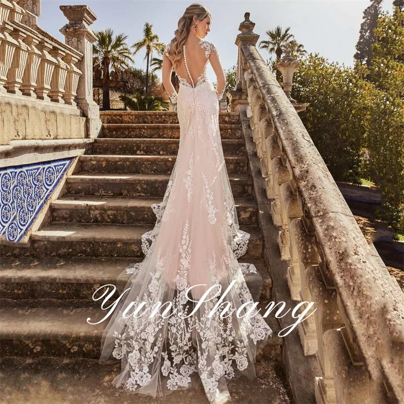 Yunshang-vestido De Novia De sirena De lujo para mujer, ropa De manga larga, ilusión en la espalda, escote Corazón, tren De barrido, 2024