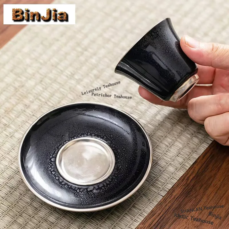50ml Balck Tianmu Glazed Ceramic Teacup 999 Gilded Silver Master Cup Tasting Personal Tea Bowl With Saucer Kit Chazhan Mug Gifts