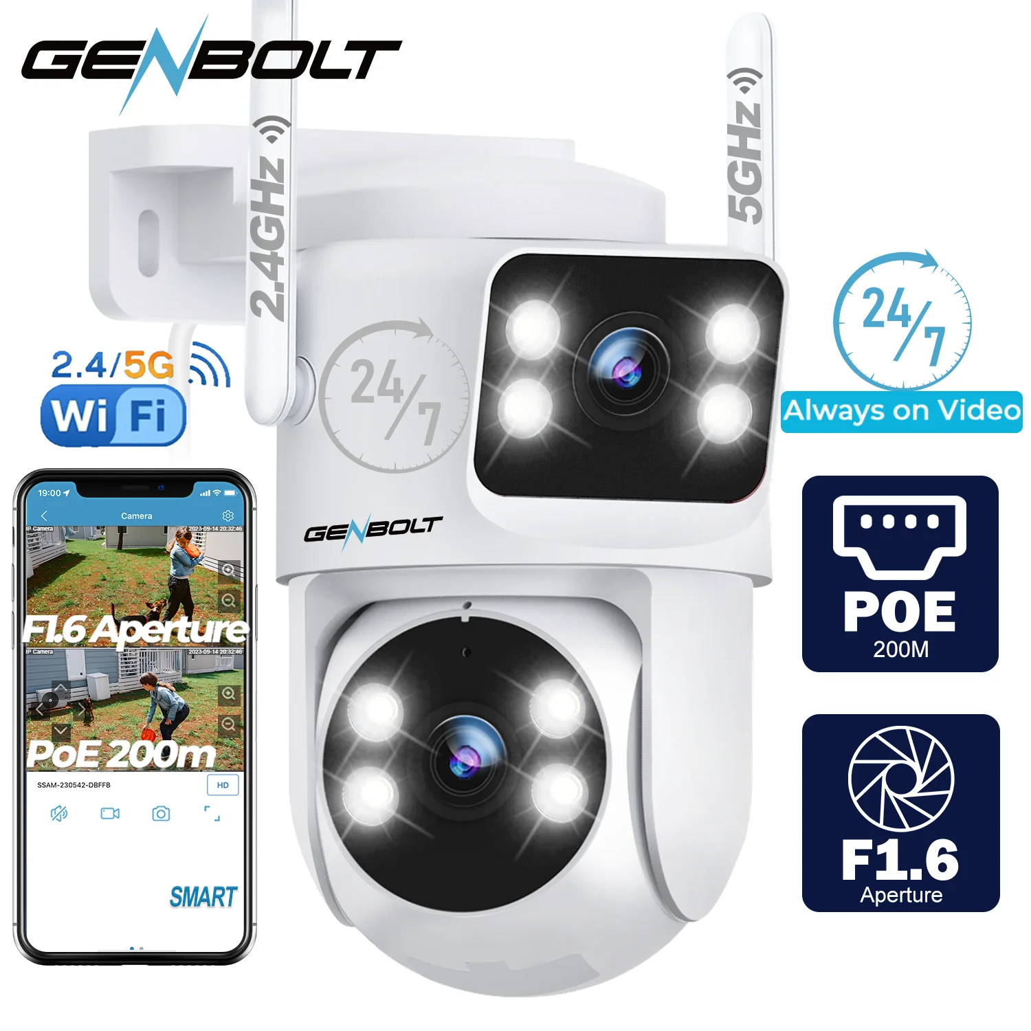 GENBOLT WLAN-Überwachungskamera für den Außenbereich mit zwei Objektiven, 2,4/5GHz PoE-Kamera mit Dual-Ansicht, CCTV IP-Kamera 24/7 Aufnahme Cloud-Speicher, mit Farbnachtsicht, Auto-Tracking und