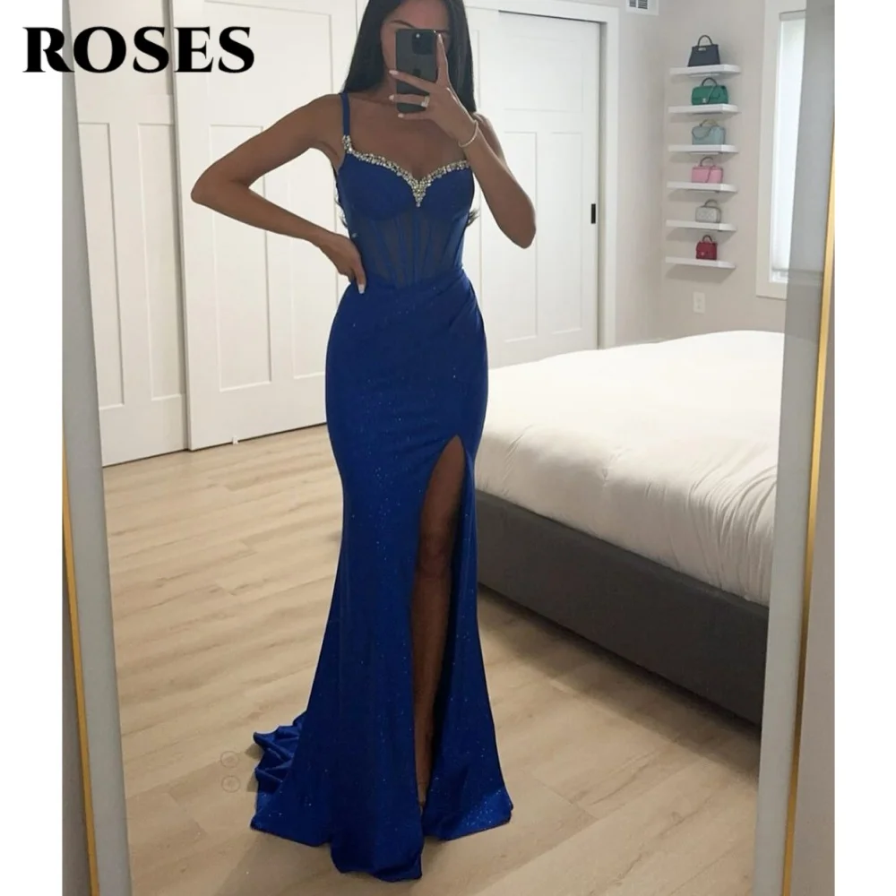 

ROSES Blue Elegant Sweetheart Prom Dresses Shiny Beadwork Hollow Prom Gown Satin Side High Split Party Dresses 프롬 드레스 Customized