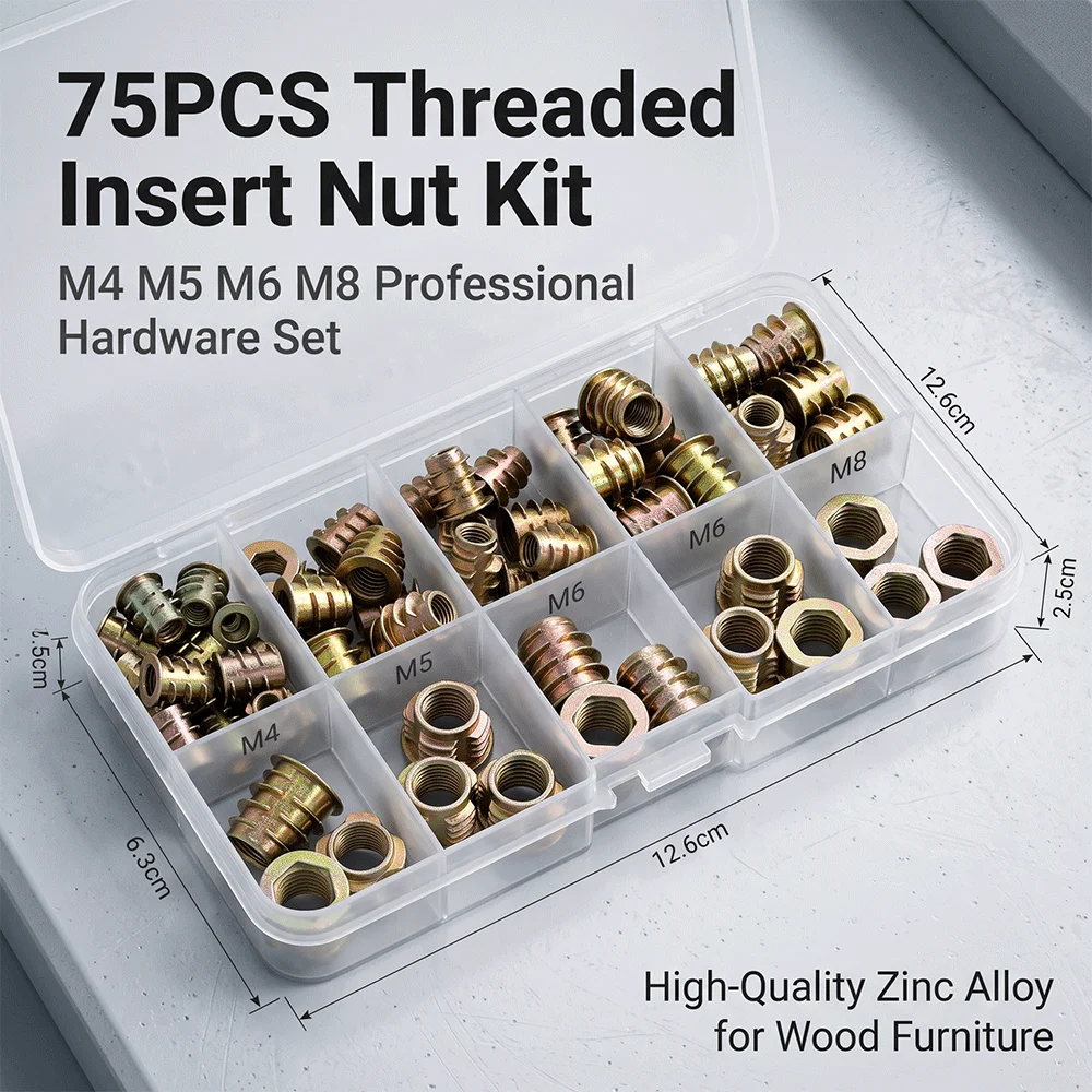 75pcs E-Nut Kit Threaded Insert M4 M5 M6 M8 Hex Socket Head for Wood Furniture Bed Cabinet Table Embedded Hexagon Screws