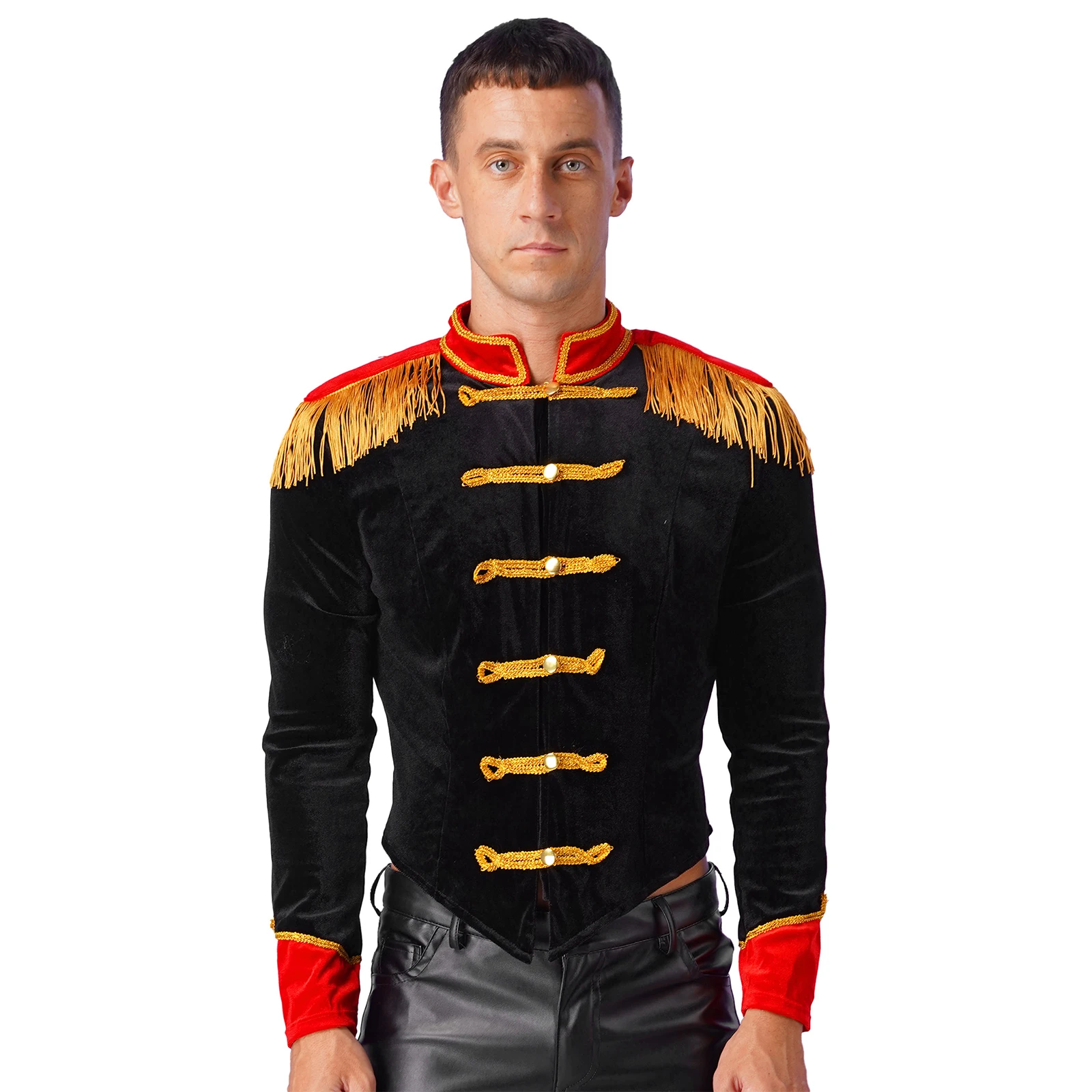 Mens Circus Ringmaster Costume Halloween Theme Party Cosplay Performance Stand Collar Fringed Shoulder Board Velvet Jacket Coat