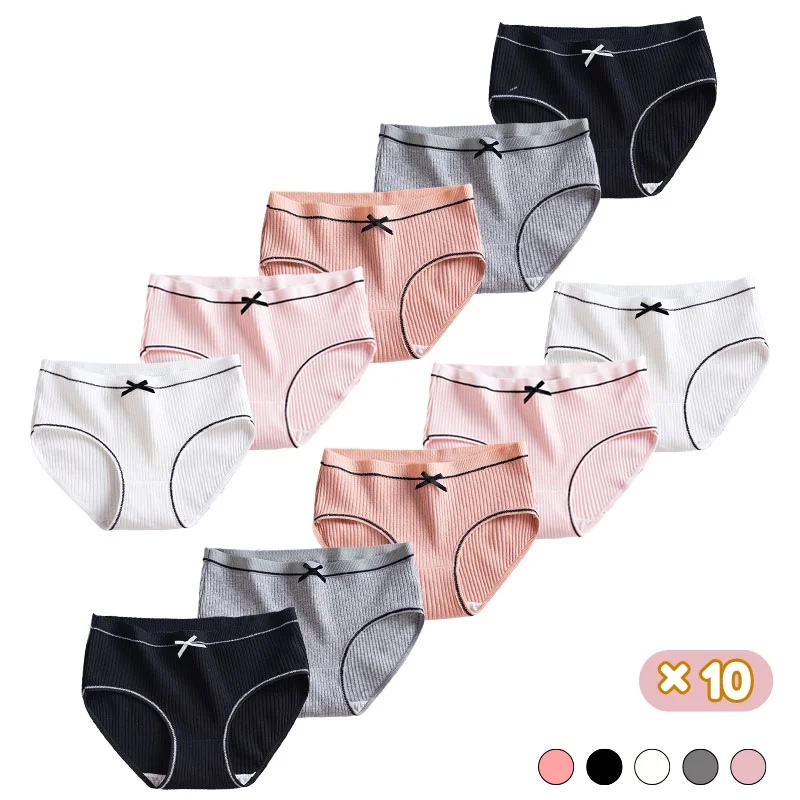 10 unids/pack de ropa interior para niños y adolescentes, bragas cómodas de algodón Premium para niñas, bragas sólidas de cintura media con pajarita, calzoncillos para niños, ropa interior para jóvenes