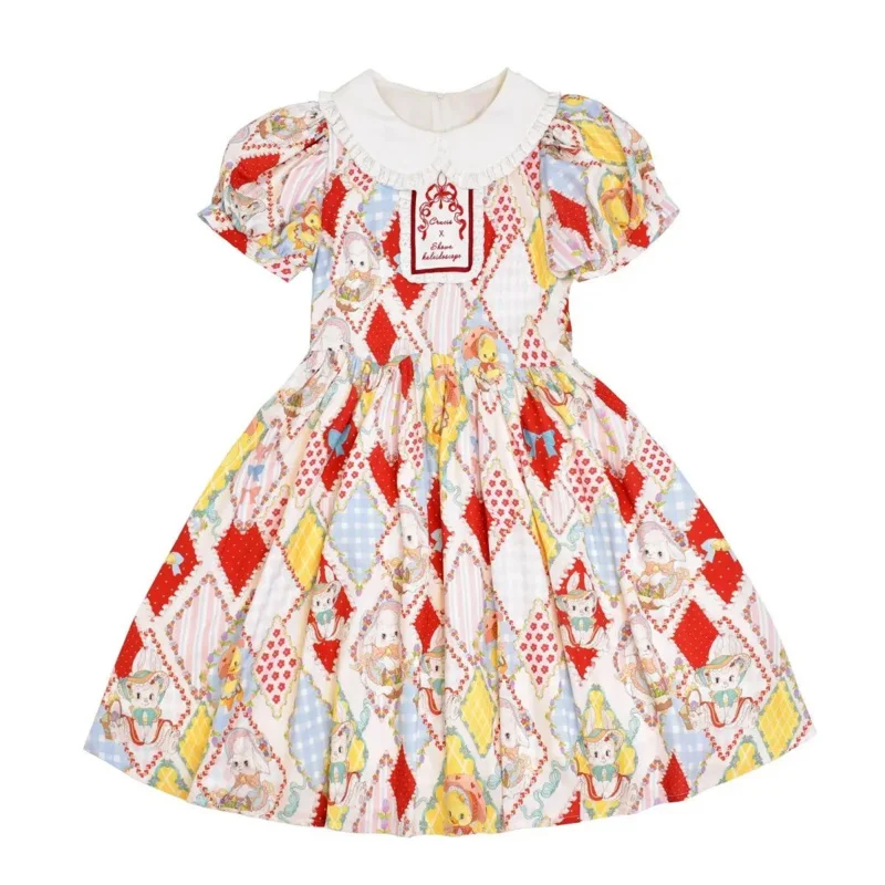 MN1 [Showa Kaleidoscope] lolita ชุดผู้หญิงวินเทจ OP ปักแขนสั้นชุดเจ้าหญิงญี่ปุ่นหวาน Kawaii8/ yG