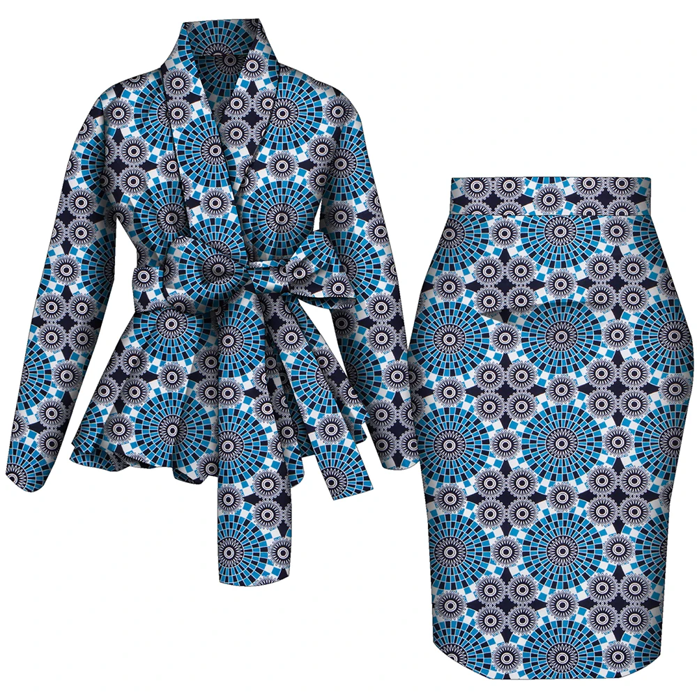 African Women Top and Skirt Set Long Sleeve Lady Skirts Set  Ankara Print Suits Custom Party Clothing Cotton Wy10871