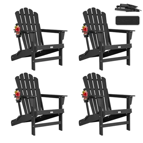Oversized Folding Adirondack Chair 4PC, HDPE Fire Pit Chair W/400 LBS | Wood Texture Finish, W/Cupholder, Waterproof