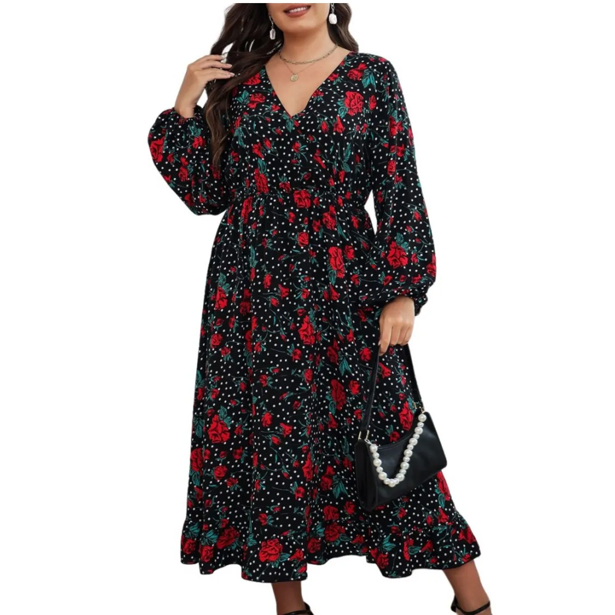 

Women Plus Size Bell Sleeves Rose Floral Print Wrap Maxi Dress Elegant V-neck A-line Flowy Fall Dresses