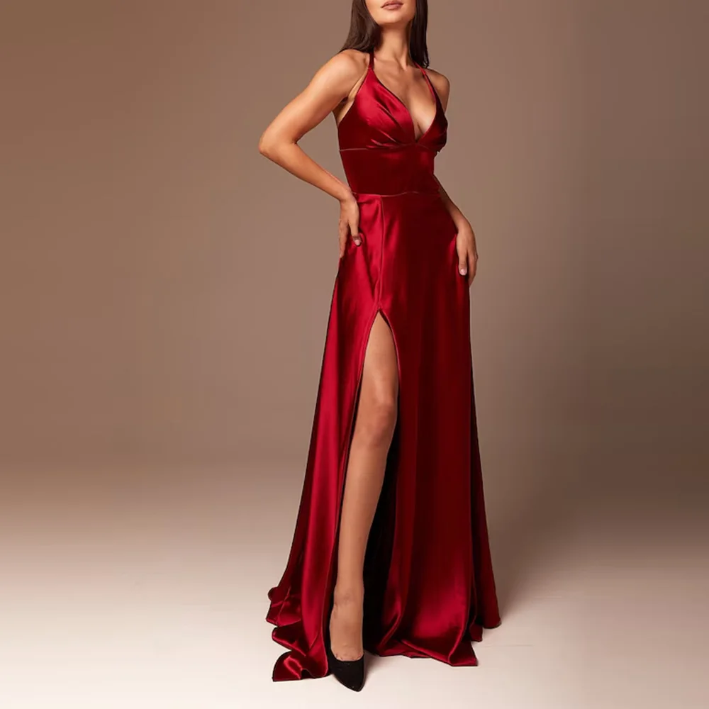 

Customized Sexy Red V-neck Spaghetti Strap Slit A-line Prom Graduation Ceremony Dresses Evening Party Cocktail Ball Dresses
