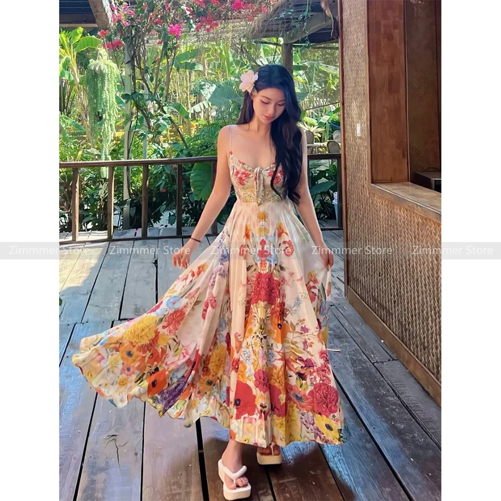 

Resort style colourful floral halter stunning dresses women 24 summer new straps high waist ambience fairy long skirt