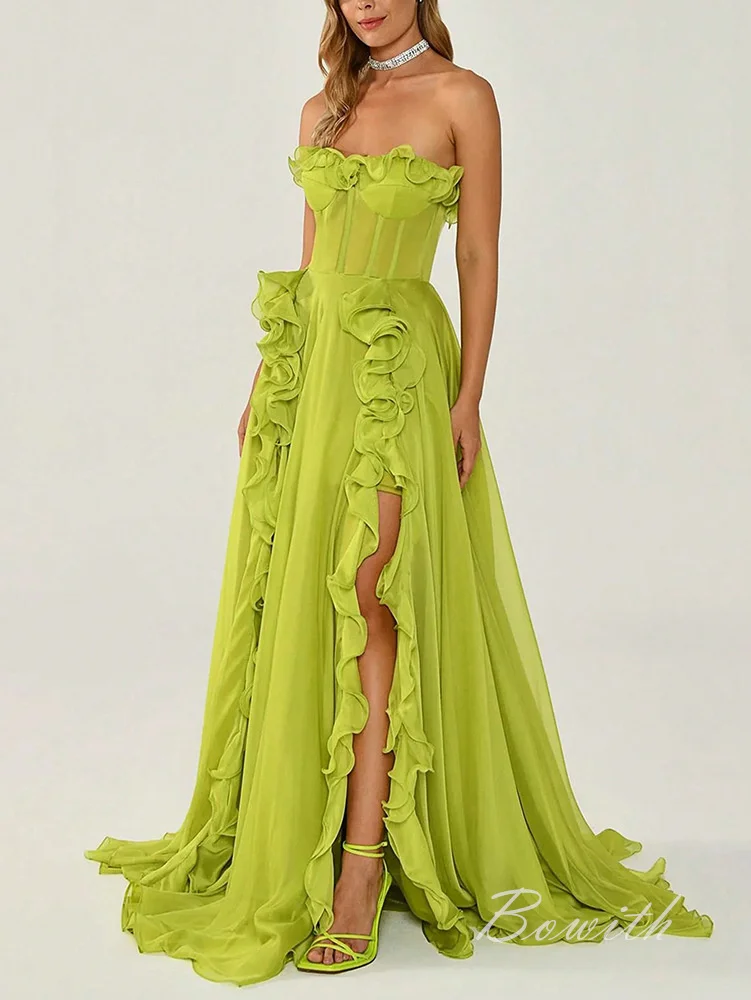 Bowith Bright Green Party Dresses Sleeveless Sexy Evening Dress Strapless Ruffles Prom Gown Elegant Maxi Dress vestidos de gala