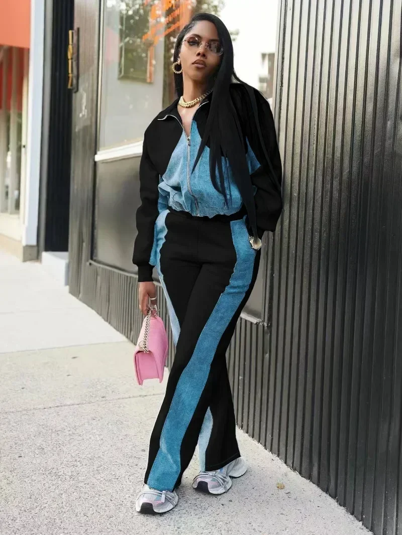 

GUWU Fashion Denim Patchwork Women's Set Long Sleeve Zipper Front Jacket and Jeans Pants 2024 Two 2 Piece Set Outfit Tracksuit