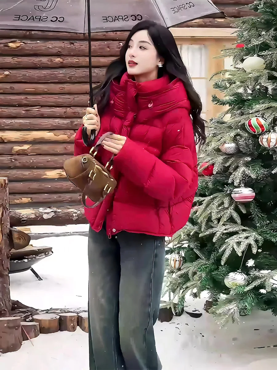 레드 퍼퍼 재킷 여성용 겨울 코트 한국 스타일 브레드 스타일 모자 디자인 오버 롱 통근 스타일 다운