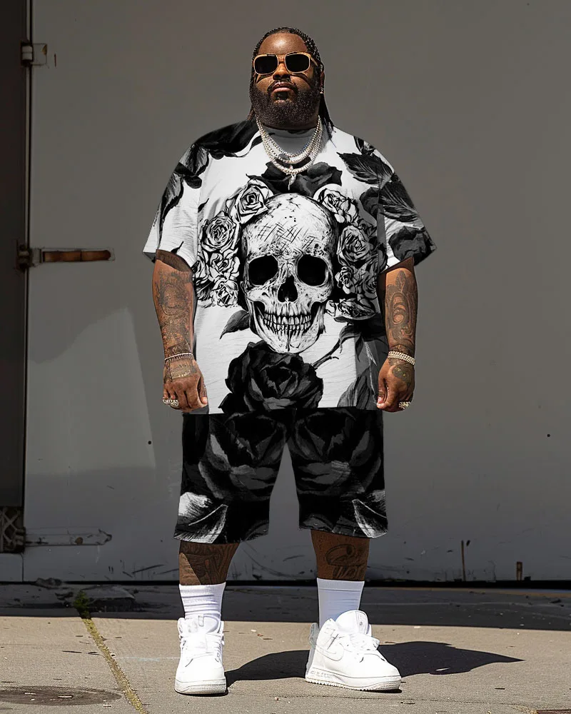 

L-9XL Summer Plus-Size and Extra-Large Fashionable Printed Skull Short Sleeve & Shorts Set ZOOY