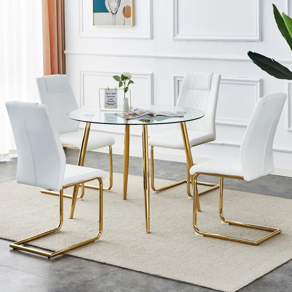 Table and Chair Set, Circular Dining Table of 40 Inches Paired with 4 White PU Cushions and Gold-plated Metal Foot Dining Chairs