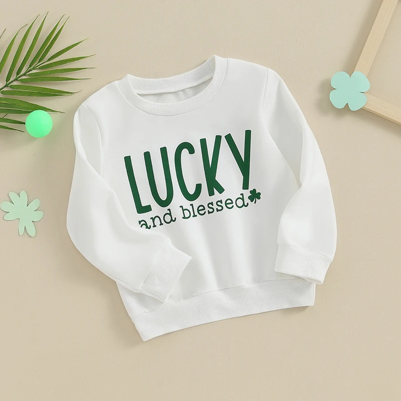 Dziecięce bluzy z kapturem unisex Lucky Clover nadruk graficzny swetry z okrągłym dekoltem dziecięce stroje na dzień Świętego Patryka jesienne swetry dla