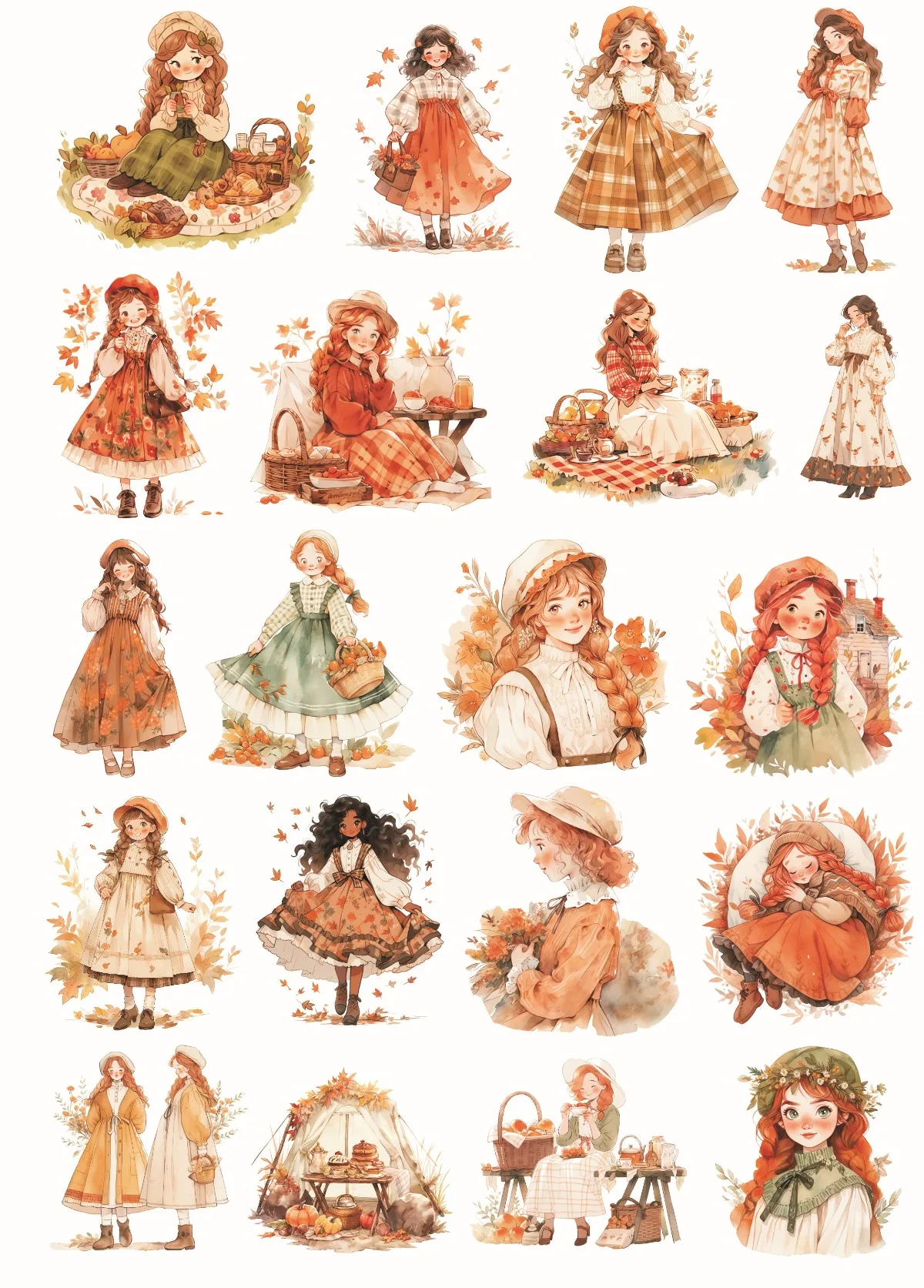 1 Set Autumn watercolor forest style double ponytail girl picnic Stickers Decorative Scrapbooking Journaling Stationery