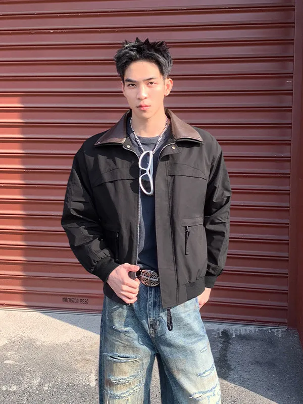 

American Sle PU Leather Rivet Collar Jaet Men's Casual Double Layer High Street Youth Top Trendy Spring New Arrival