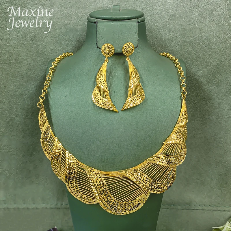 Vintage Italienisches Dubai 18K Vergoldetes Schmuckset für Damen Goldener Schmuck Halskette Ohrringe Braut Party Hochzeit Geschenke