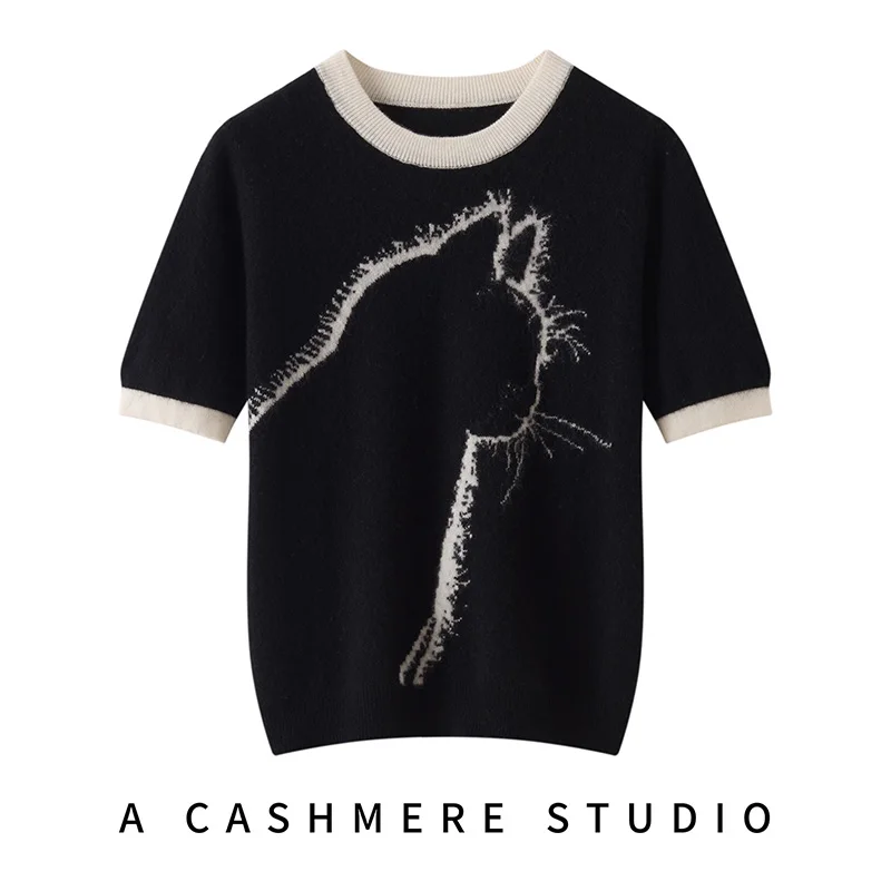 

100% Cashmere Women's Round Neck Jacquard Short-sleeved Sweater 2025 New Cat Short-Sleeved Pullover Fashion Soft Knitted Women's
