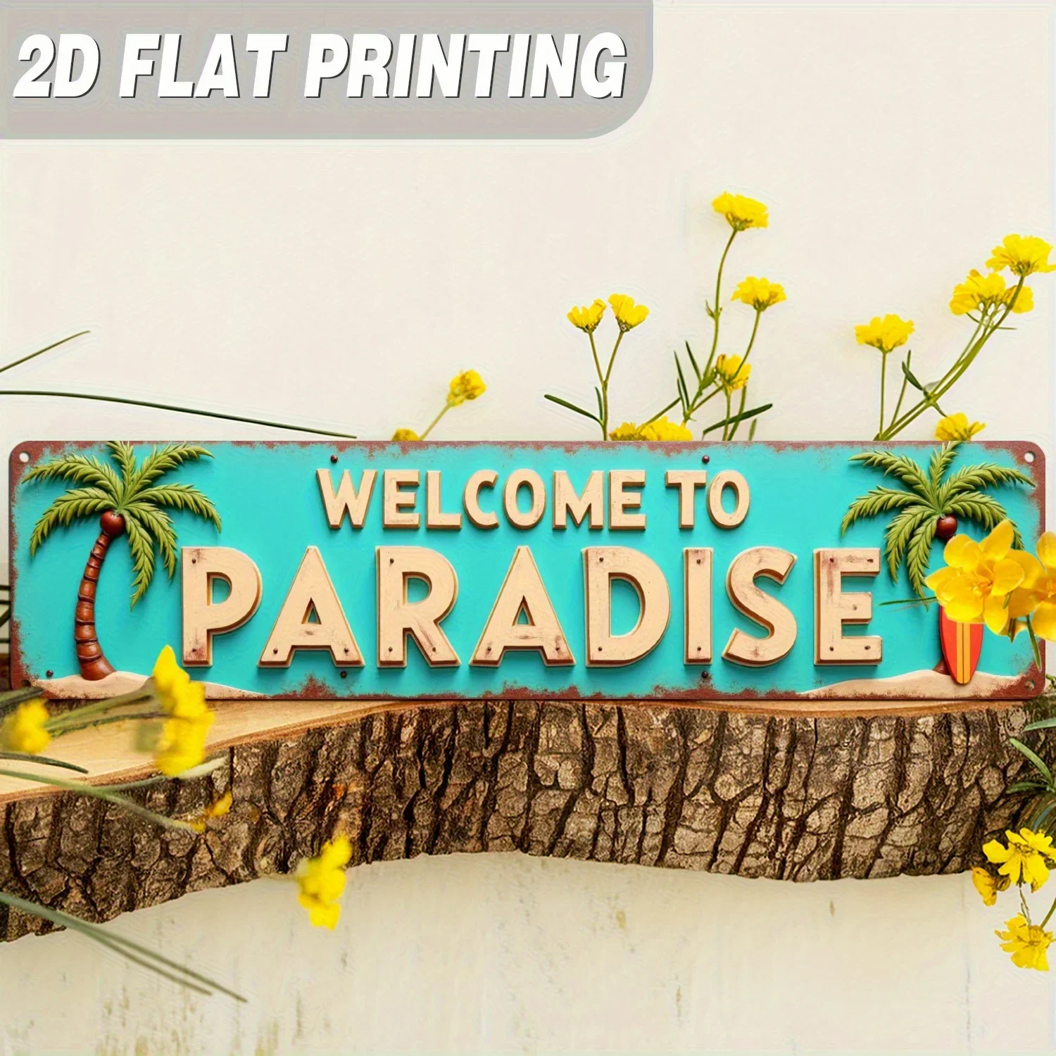 2D Flat-Style Metal Paradise Welcome Sign, Vintage Tropical Style Wall Decoration, Featuring Mottled Teal and Coral Edges, Does Not Require Electrical Power