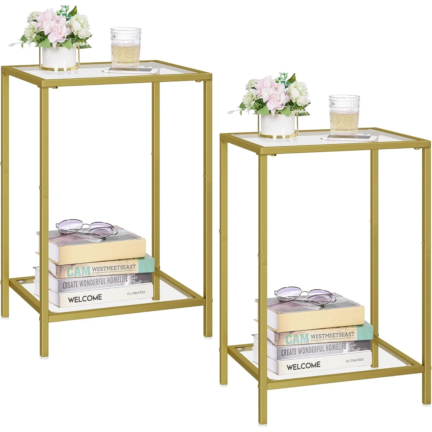 A set of two side tables, tempered glass coffee table, 11.8 inches long x 15 inches wide, gold color