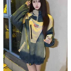 Retro Vintage Patchwork Printed Stand Up Collar Denim Jacket For Women In Spring 2024 New Loose Jacket Top Trend