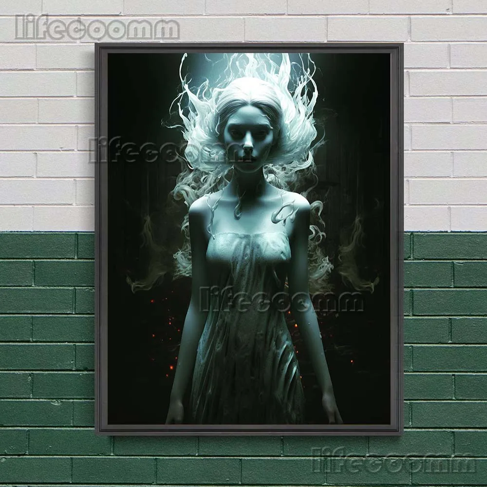 Terrifying White Haired Witch Vintage Wall Art Canvas Painting Mysterious Ghost Girl Gothic Art Poster Print Home Decor Unframed