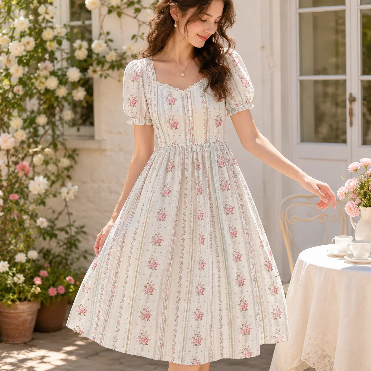 Pre-Cut 40s Cotton Fabric Vintage Rose Floral Stripe Digital Print Lightweight for Dress Skirt Blouse by the Yard