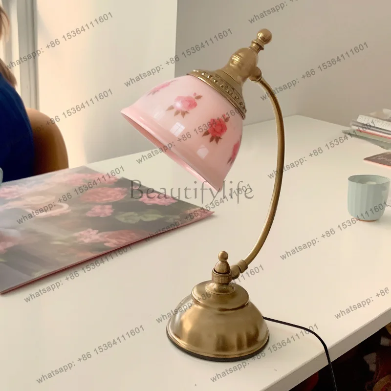 LJY Bedside table lamp cream powder embossed retro bedroom study American brass ambient lamp