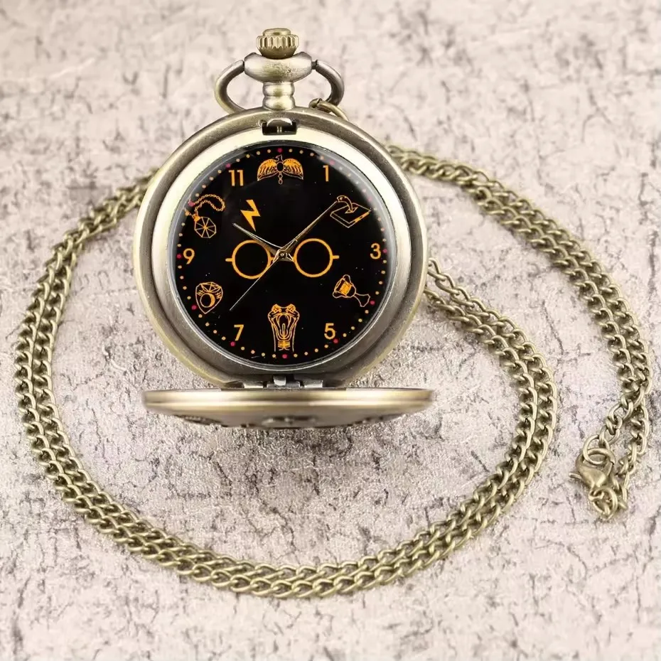 Vintage Style Bronze Accessories Clock Pendant Glitter Glasses Necklace Pocket Watch Kids Men Role Play Gift