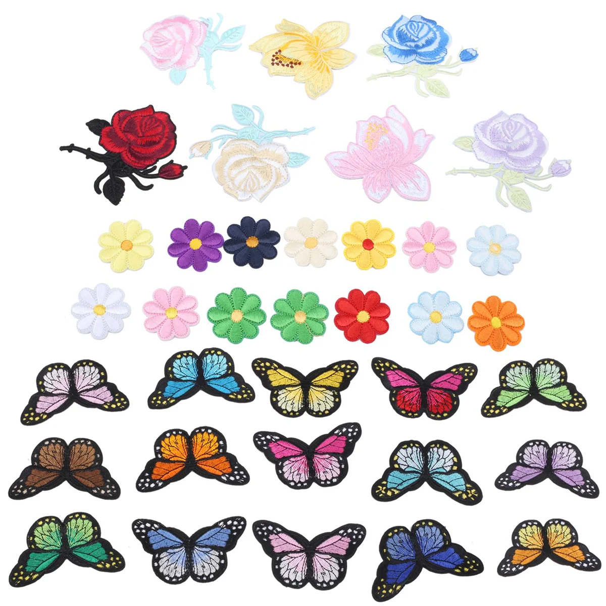 36 PCS Butterfly Flowers Iron on Patches Colorful Sew on Appliques Embroidery Badge Logo Patch Applique Roses