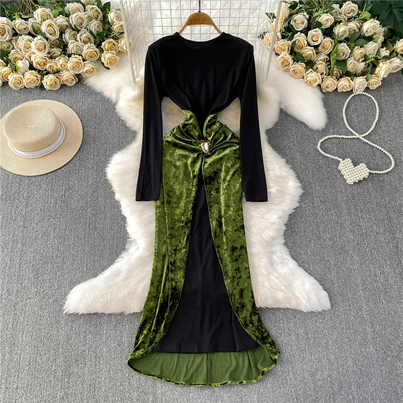Vestido largo de terciopelo verde y negro elegante de punto de retales O Beck, nuevo vestido de fiesta de noche Irregular de manga larga para mujer de otoño