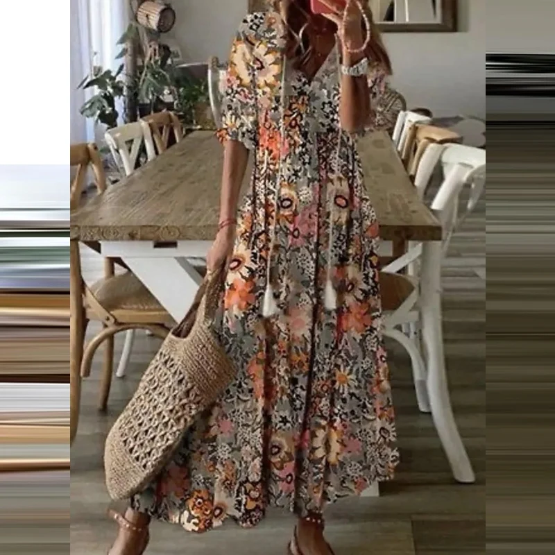 Vestido maxi solto com decote em v feminino, estampa floral, borda de lótus, vestido bohe, manga curta, linha A, vintage, elegante, casual, moda verão