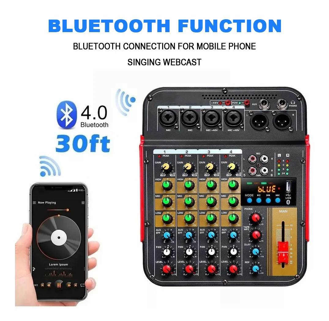Mixer de áudio com Bluetooth e Reverb, 48V Alimentação, 6-Channel Sound Card, DJ Karaoke