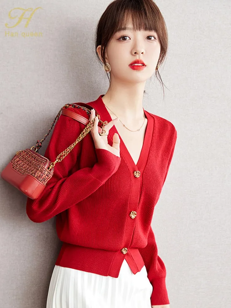 H Han Queen 2024 Autumn Winter Korean V-Neck Red Knitted Cardigan Sweater Women Casual Basic Long Sleeve Cardigans Vintage Tops