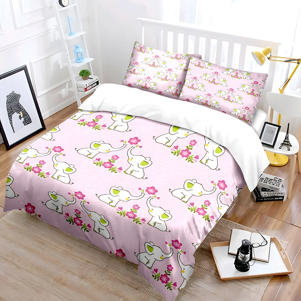 ピンクの漫画の象と花柄の布団カバーセットデジタルプリントポリ - Duvet Cover Sets With Zipper のレビューと価格