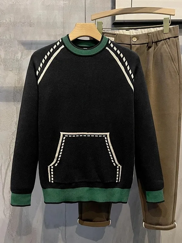 

Loose Men's Color Blo round Ne Long Sve Knitted Sweater Slim Fit Casual Versatile Winter Faion Urban Sle Knitwear