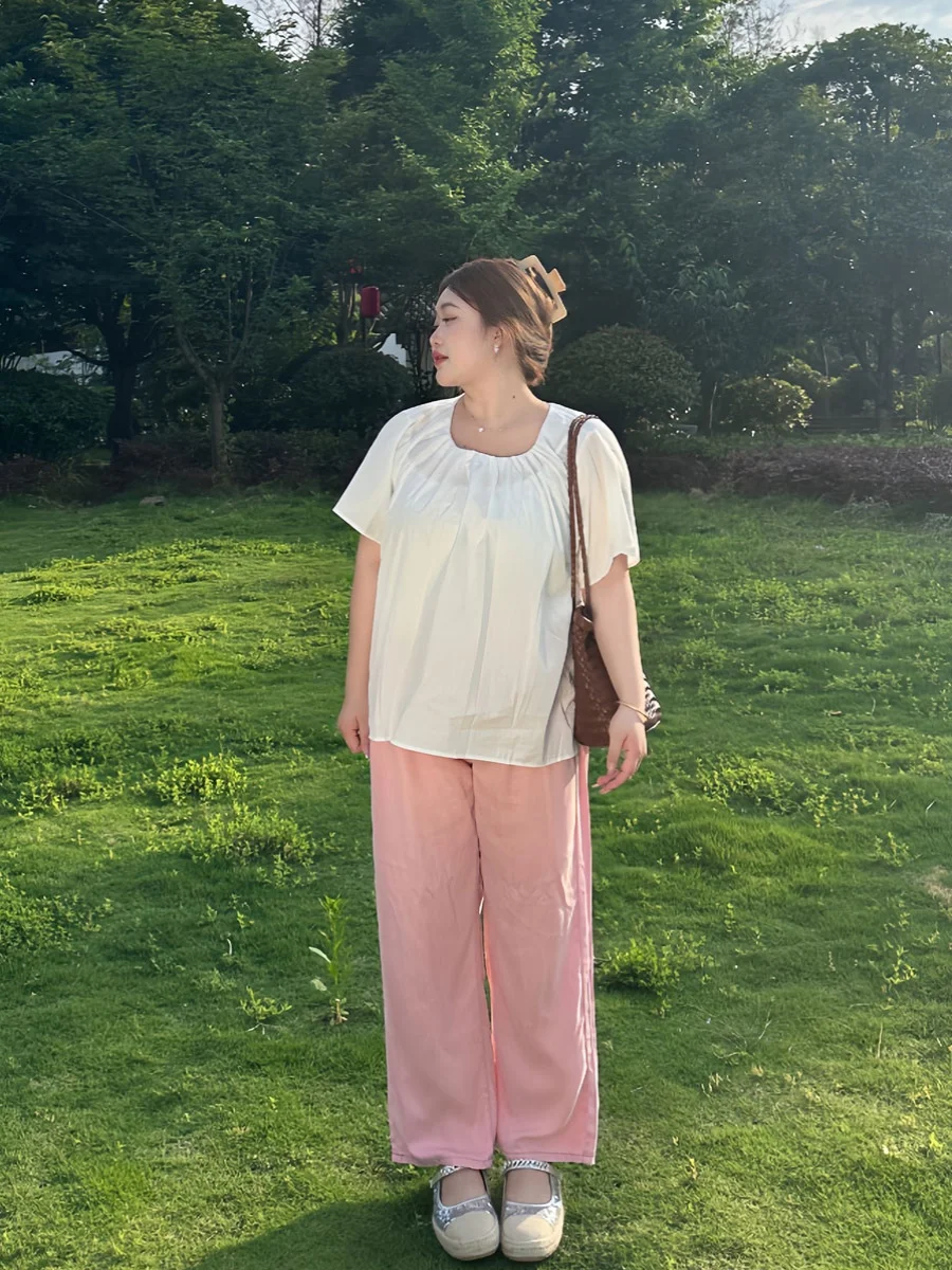 

plus Size Loose Fit Short Sleeve round Neck Shirt Women Summer Slimming Tummy Covering Casual Versatile Doll Shirt Top