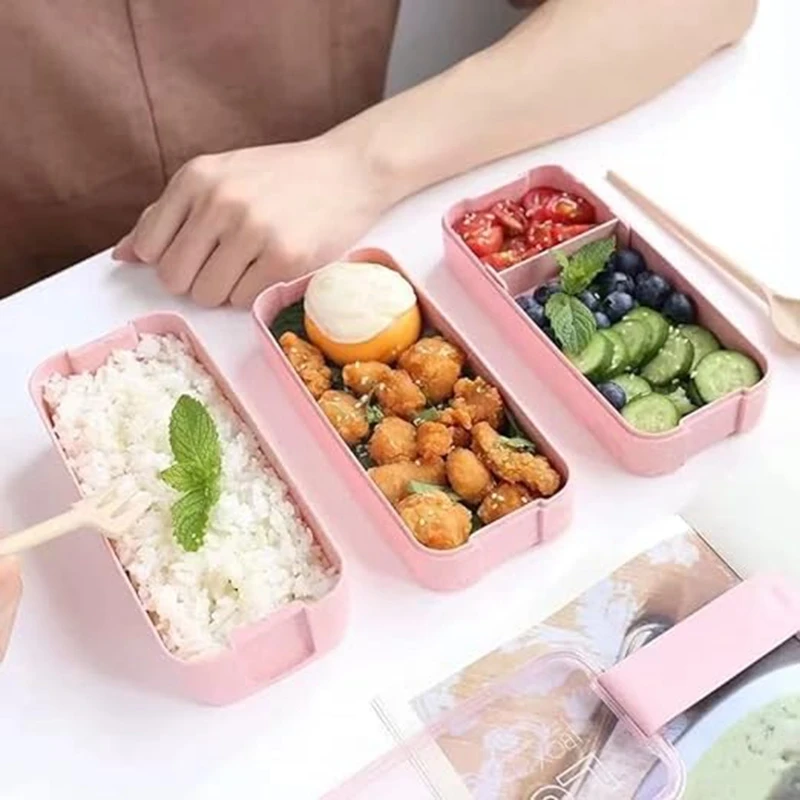 Portable Bento Box, 3-Layers Lunch Box, 900ML Wheat Straw Dinnerware Food Storage Container Beige Durable Easy To Use