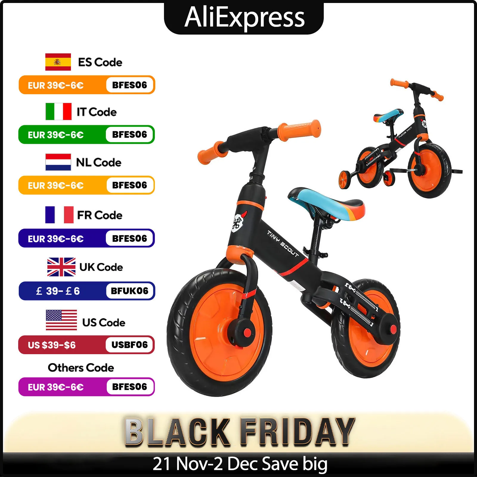 UBRAVOO Tiny Scout Balance Bike 3 4 5 Years , 4-in-1 with Optional Support Wheels and Pedals, Saddle Height Adjustable,JL102