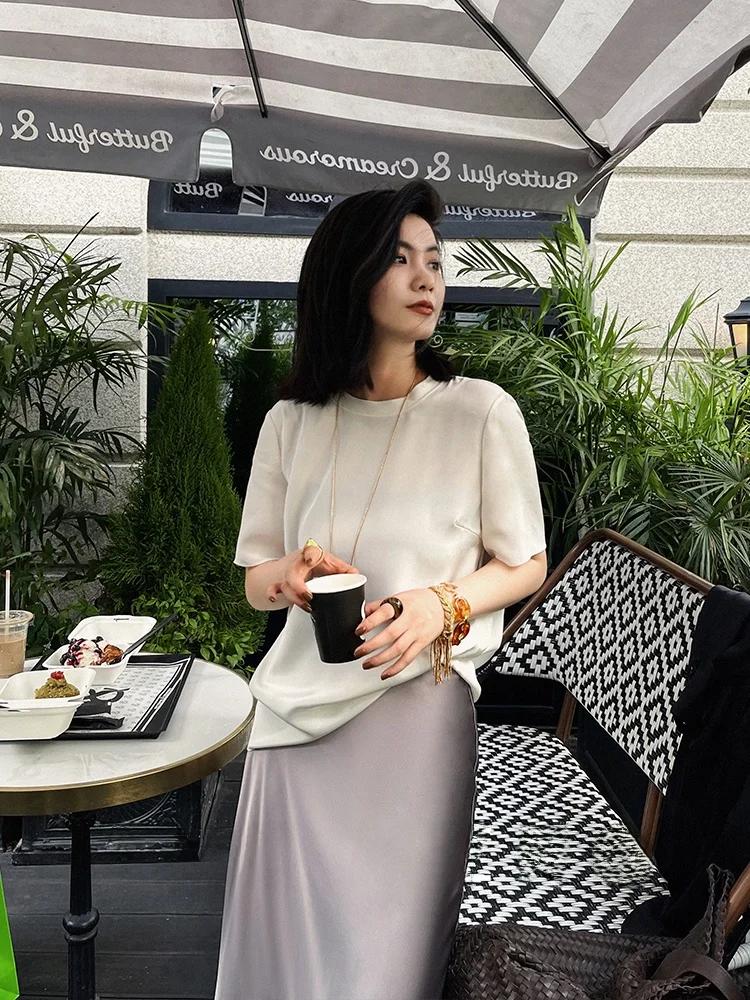 

Женская футболка Meng ort Sve Silk Satin Удобный коврик Летний топ круглый Ne Pure Color Commute Sle