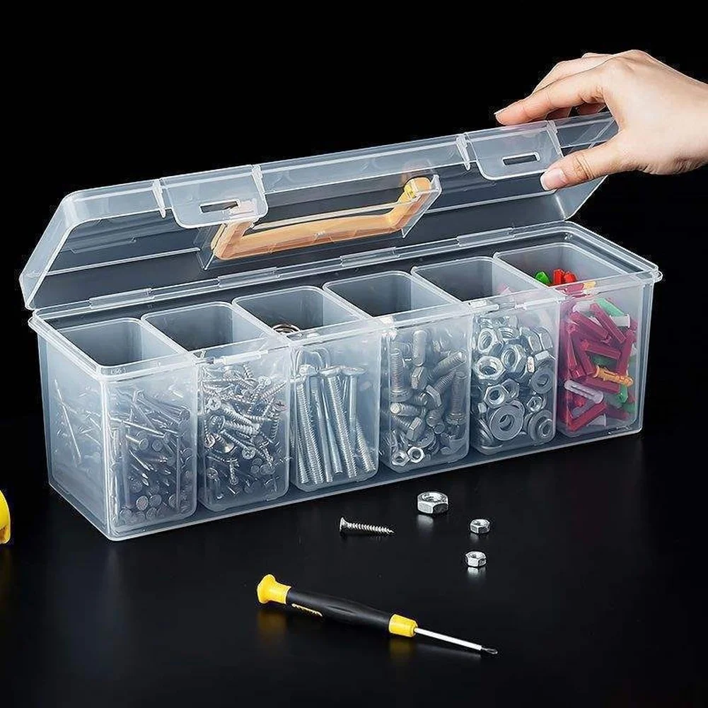 Compact For tool Storage Box Featuring 6 Removable Compartments Clear Visibility Flip Top Lid and Stackable Vertical Design
