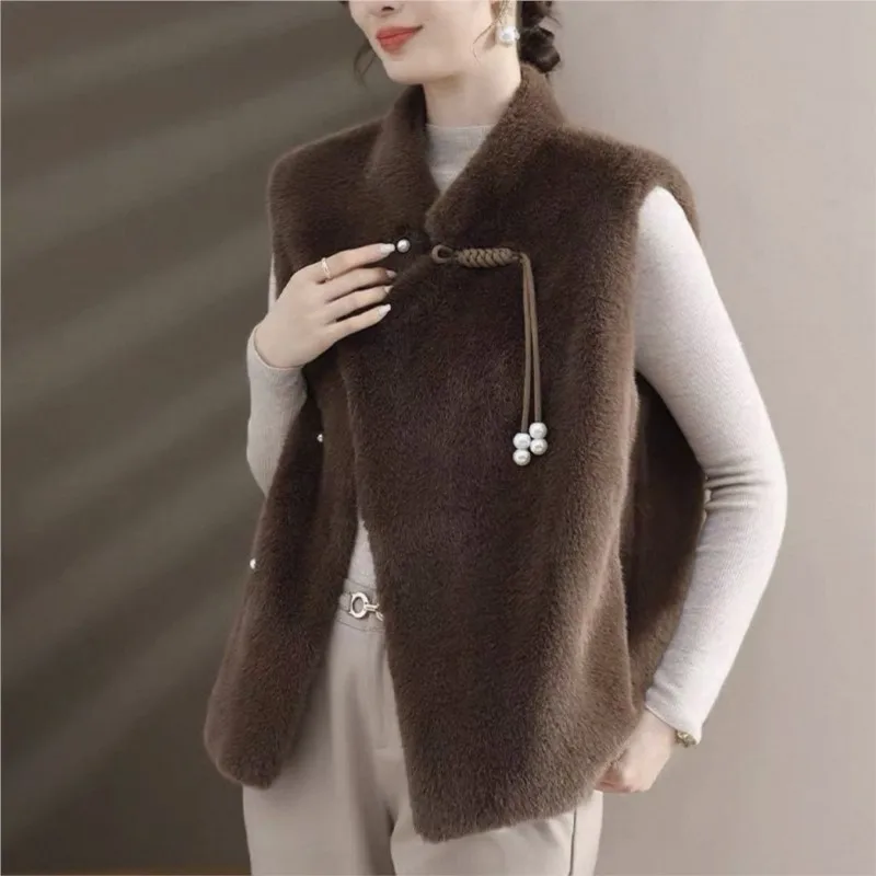

New Chinese-style golden fleece mixed fur vest for women a one-piece in coffee color